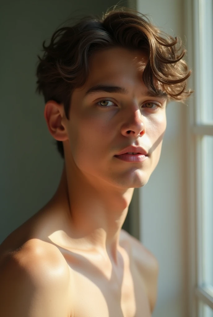 A naked fourteen year old boy, muy hermoso, piel blanca, rasgos finos, light brown eyes, light brown hair, small slanted eyes, mirada seria, mirada triste, desvestido, en la sala de estar, gafas discretas, desnudo, cuerpo completo