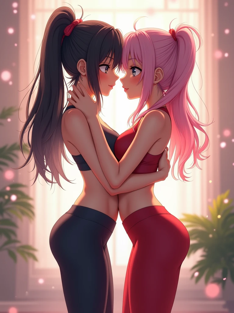 side view,Look at each other from the front, Hugging each other's breasts, None, stare at each other, moist eyes, half-open lips, The upper bust is bulging towards the audience,Evening light,The park is crowded with people,Two 15-year-old handsome girls with arrogant faces kiss each other、Girl without clothes,stand,standing,stand on the ground,Peerless beauty,perfect face,Perfect body,pink skin under thong, exposed navel,The thighs are very thin,The calves are very thin,Anime girl's legs slightly spread,White sweat on inner thighs,White sweat on the abdomen,Place one hand on your chest,Put one hand around each other's waist,armpit, beautiful anime girl, Anime Barbie wearing white knee-high socks, pretty face,small breasts,Wear a white sports bra,cover upper breast, smooth pink skin,strangulation marks,sweat,wet,(facial)Smile,blush