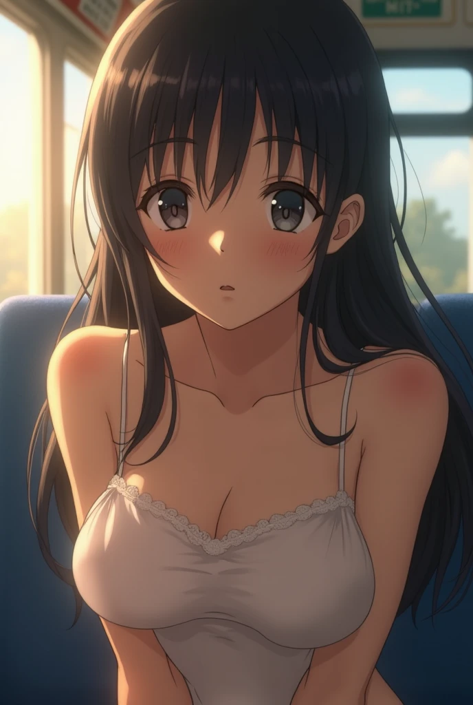 masterpiece, best quality, illustration, highly detailed, chitanda_eru, beautiful detailed eyes, :o , (looking down), cleavage