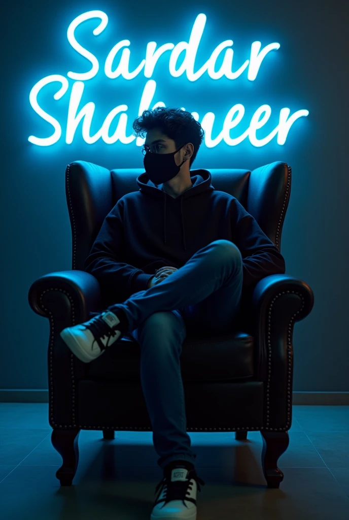 Create a 3d illusion of a profile picture where a boy in black hoodie sitting causally on a wingbook chair. Wearing a sneakers with black mask,and sunglasses ahead . The background features "Sardar Shahmeer"in big and capital Blue neon lights fonts on dark grey wall. There should not be shadow ,and there are' wing to make to make it appear as it s
singal
