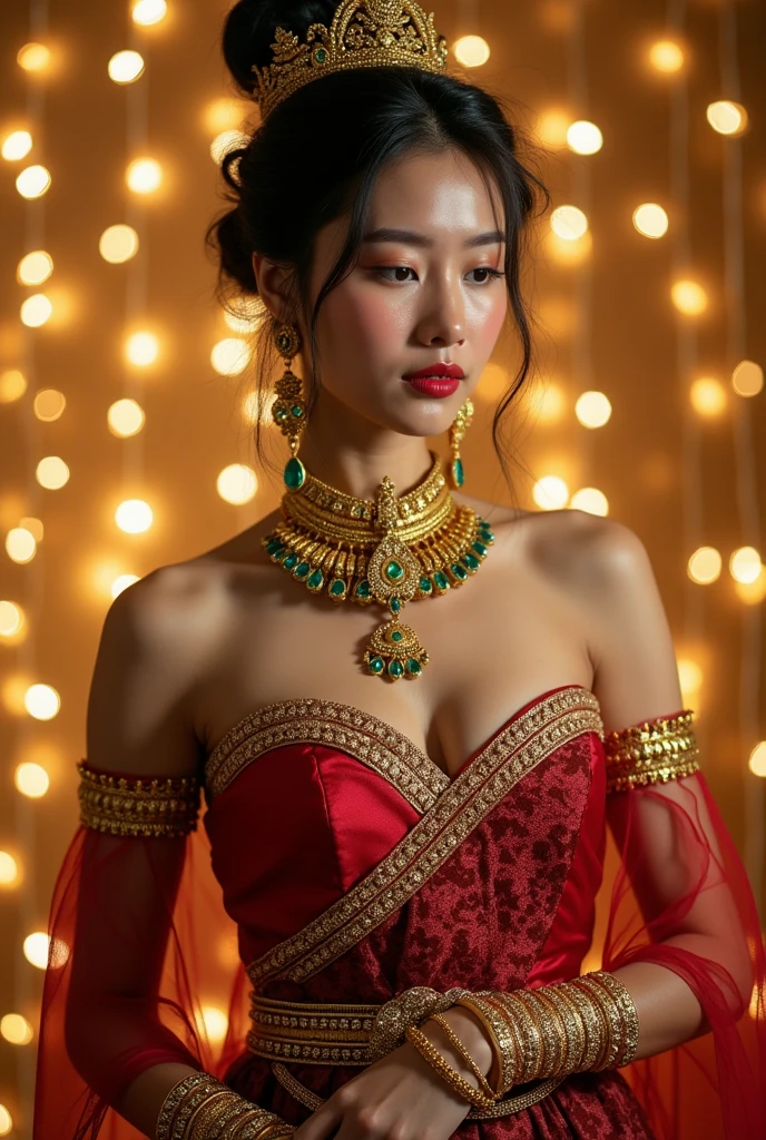 araffe woman in a red sari posing for a picture, princess, expensive sari, red and gold, brown hair, gorgeous indian model, beautiful woman, a beautiful fantasy empress, indian goddess, traditional beauty, portrait of modern darna, beautiful asian woman, indian, sophisticated gravure idol, drama