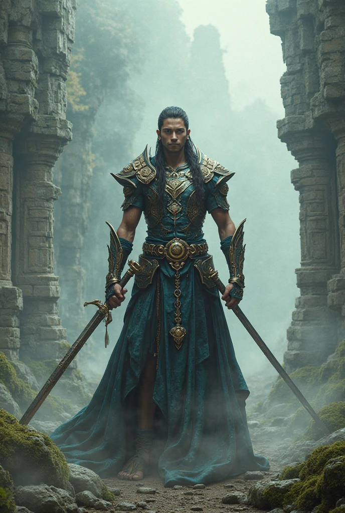 El elfo de la noche se encuentra de pie, con una postura erguida y segura, bajo el manto de la noche estrellada. Su armadura de oro y obsidiana brilla con un resplandor imponente, mostrando detalles intrincados y grabados misteriosos. Armor is designed for battle, with solid and elegant plates that protect your torso and shoulders.
Una barba densa y bien cuidada adorna su rostro, adding an even more majestic and wise appearance. Sus ojos amarillos brillan con una intensidad penetrante, reflecting the wisdom and cunning of his race. El cabello verde cae en mechones ondulados alrededor de su rostro, enmarcando sus rasgos angulares.
La musculatura del elfo de la noche es impresionante, reflecting his dedication to physical training and life in nature. Su piel violeta resplandece bajo la luz de la luna, marked with tribal markings that highlight her elven heritage.
The night elf exudes a sense of power and grace, ready to face any challenge that comes your way, bajo la tranquilidad de la noche que lo envuelve.