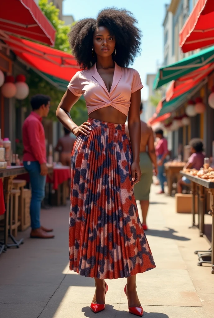 A curvaceous Black woman in a tailored, cropped satin blouse in blush pink with a subtle wrap detail, tucked into a high-waisted, pleated midi skirt in a bold geometric print featuring hints of red and navy, and finished with pointed-toe pumps. Her hair falls in soft, voluminous waves as she stands in an eclectic open-air market with chic boutiques and street musicians.

