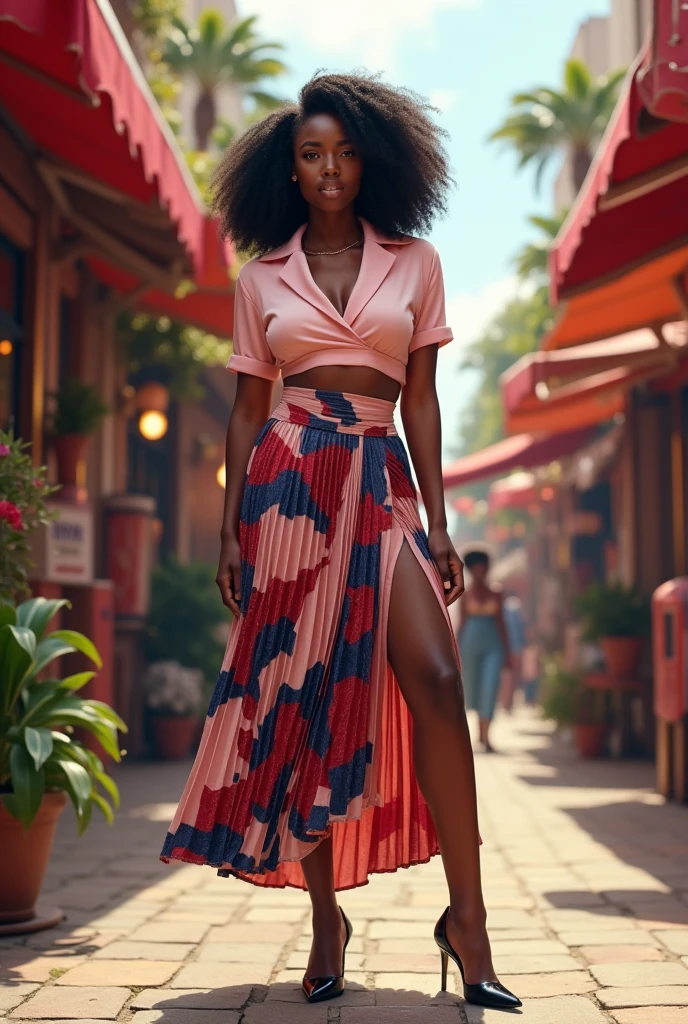 A curvaceous Black woman in a tailored, cropped satin blouse in blush pink with a subtle wrap detail, tucked into a high-waisted, pleated midi skirt in a bold geometric print featuring hints of red and navy, and finished with pointed-toe pumps. Her hair falls in soft, voluminous waves as she stands in an eclectic open-air market with chic boutiques and street musicians.

