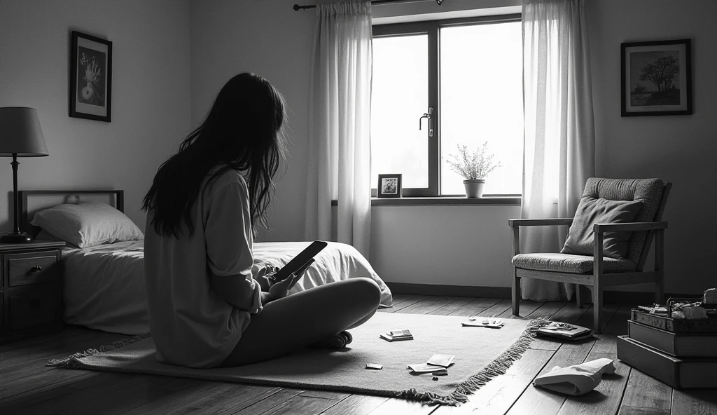 Poor girl sitting in the room and open her hairs and she is very depressed.and she is written something in the notebook