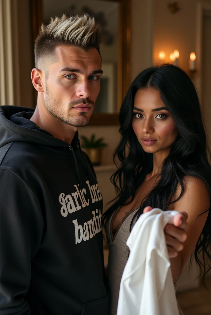 You can create an image of a light-skinned handsome young man, black hair and beard, next to a young woman with light skin, curly black hair