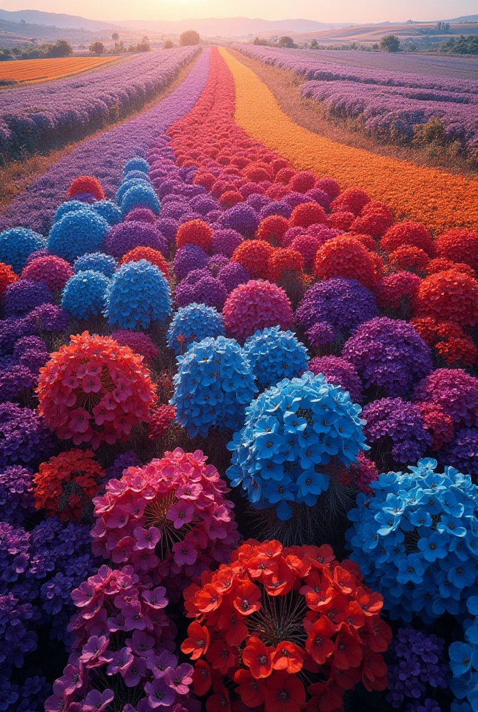 ( An aerial view of a vast field of colorful and exotic flowers, with flowers in vibrant hues (purple, blue, red, orange)