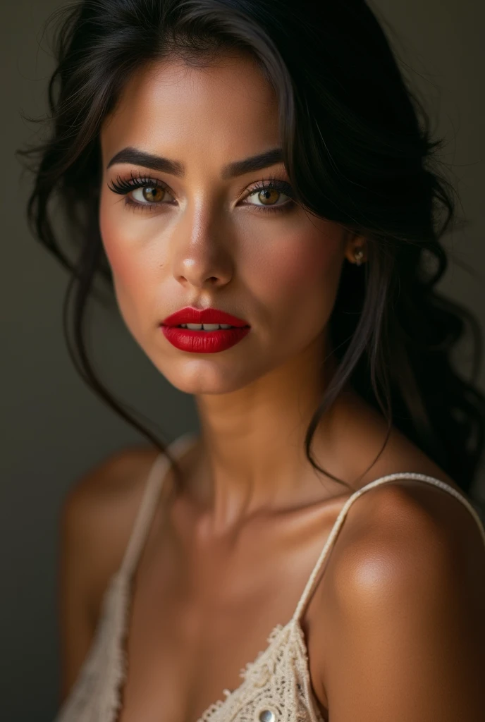 close-up, extreme close-up, close-up portrait, portrait, ultra realistic, photography, long black straight hair in a ponytail, elegant perfect hair, (30 years old, hazel eyes, hourglass figure, perfect fit body, natural big breasts), firtatious look, crimson red lipstick, femme fatale, long eyelashes, cat-eye make-up, she is completely nude, she is completely naked, highlight her cleavage, highlight her curves, she has her hands on her neck and her head slightly falls backwards, her eyes focus the camera and her lips are slightly parted, she is a sex symbol, wearing diamond earrings, from behind, naked