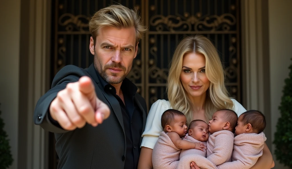 blonde beautiful woman holding a blond baby girl in her arms and a man looking exactly like eminem behind them, standing in a empty room , very wide angle image
