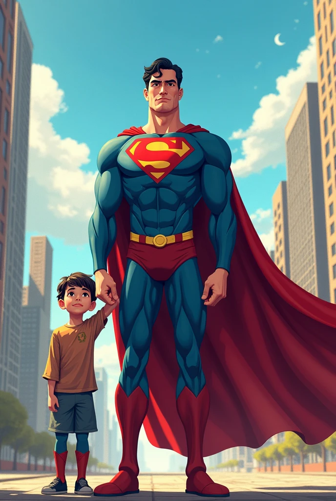 Create the Christopher Reeves de óculos Superman with Brazilian traits, in the setting of Rio de Janeiro, em cores verde e amarelo, with background with children