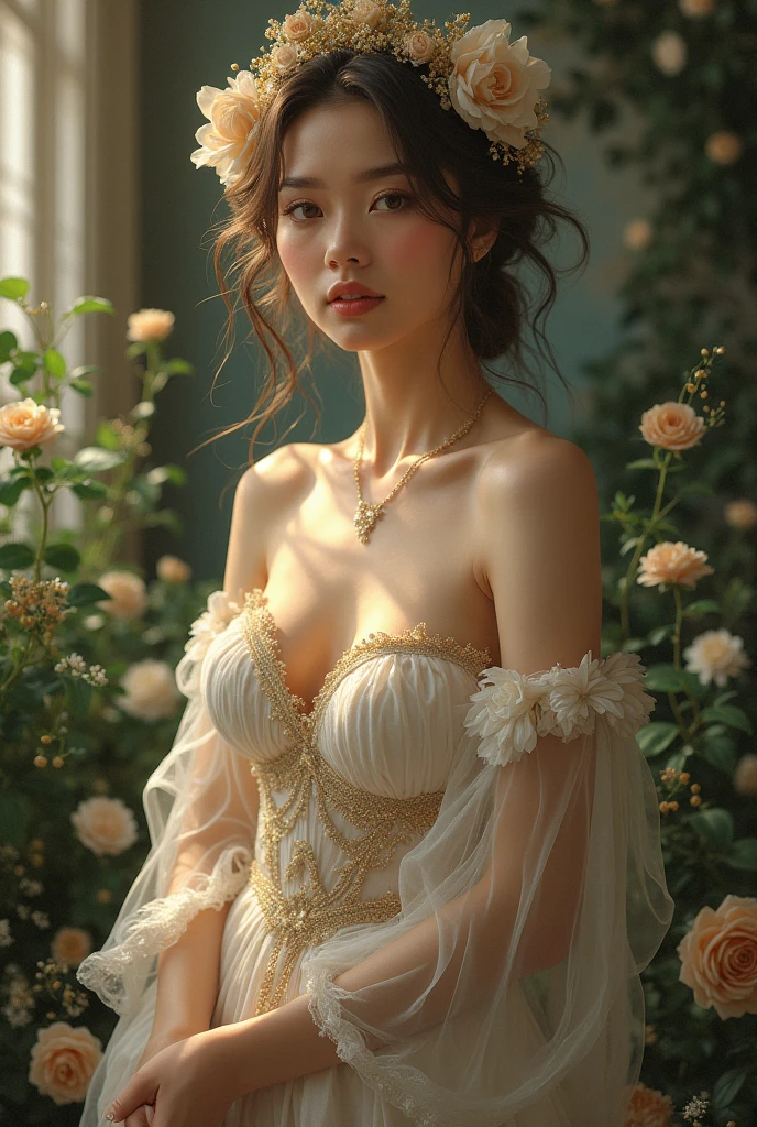 A woman in a dress with a flower in her hand, big breasts, 3D magical details, James Jean Soft Light, 4K, Yuri Schvedorf and Tom Bagshaw, beautiful digital artwork, Sylvain Sarrell and Igor Mosky