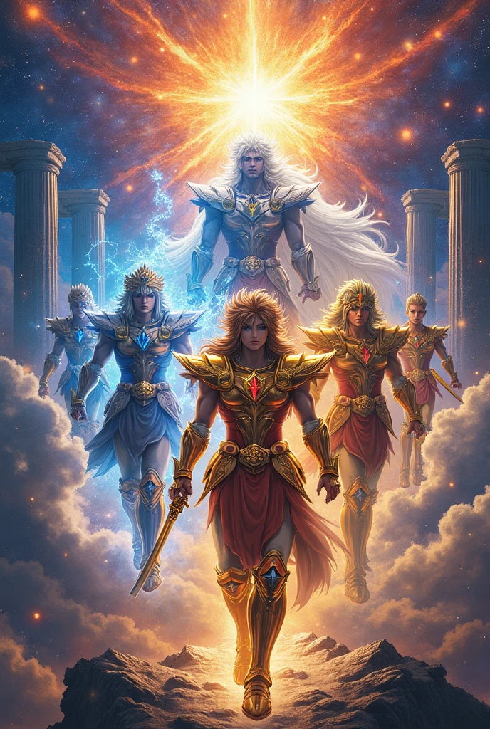 (( high qualiy)). God Zeus with diamond armor. golden spear. Zeus holding lightning. Poseidon armor with trident, Hades on his knees, burning fire. fire ray. Cosmic Dust behind. Trident shining. Medusa with diamond armor. Knee Ares. Hermes with his golden arrow.