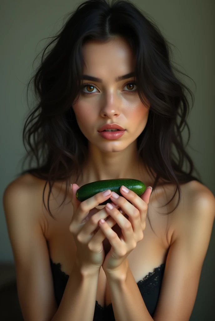 Beautiful girl in bra holding cucumber in hand with lusty expressions