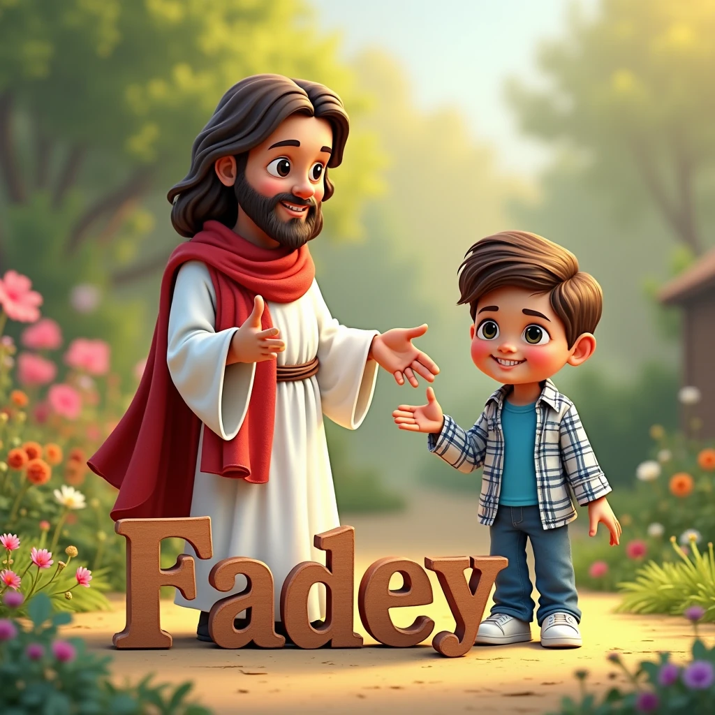 In front of jesus a boy is standing and boy is wearing school dress and name is written on boy's t shirt "Nitin"