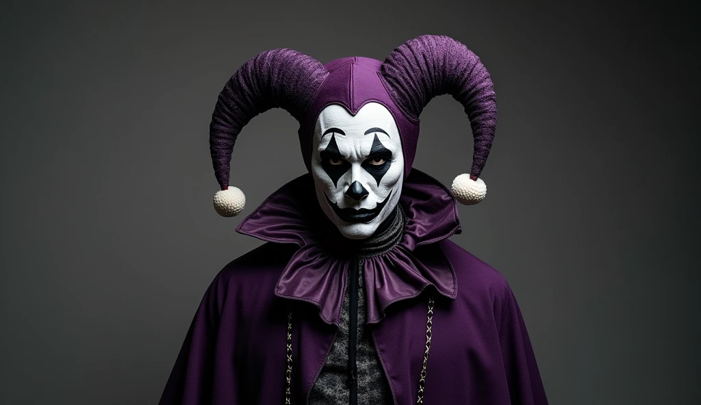 Dressed in a black and purple costume like cassock and his face painted ...