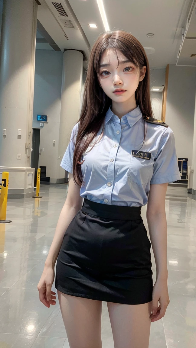 ((top quality, 8k, masterpiece: 1.3)), beauty, 1 girl, big: 1.3, (abs, slender figure: 1.1), dark brown hair, (wet body: 1.1), ultra detailed face, detailed lips, detailed eyes, double eyelids, mini skirt, ((JK uniform)), (school uniform), detailed police car interior, police car, passenger seat sitting, baton, handcuffs, Holding a gun, just a little, embarrassed, blushing, panties on thighs, embarrassed laughter