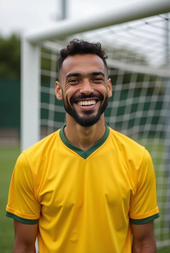 arafed man in yellow shirt smiling in front of a soccer goal, a photo by Alexander Brook, instagram, hurufiyya, smug grin, instagram photo, smiling coyly, he is smiling, mutahar laughing, jamie reid, smug smile, riyahd cassiem, looking happy, mohamed chahin, profile pic, smug look, cgrender