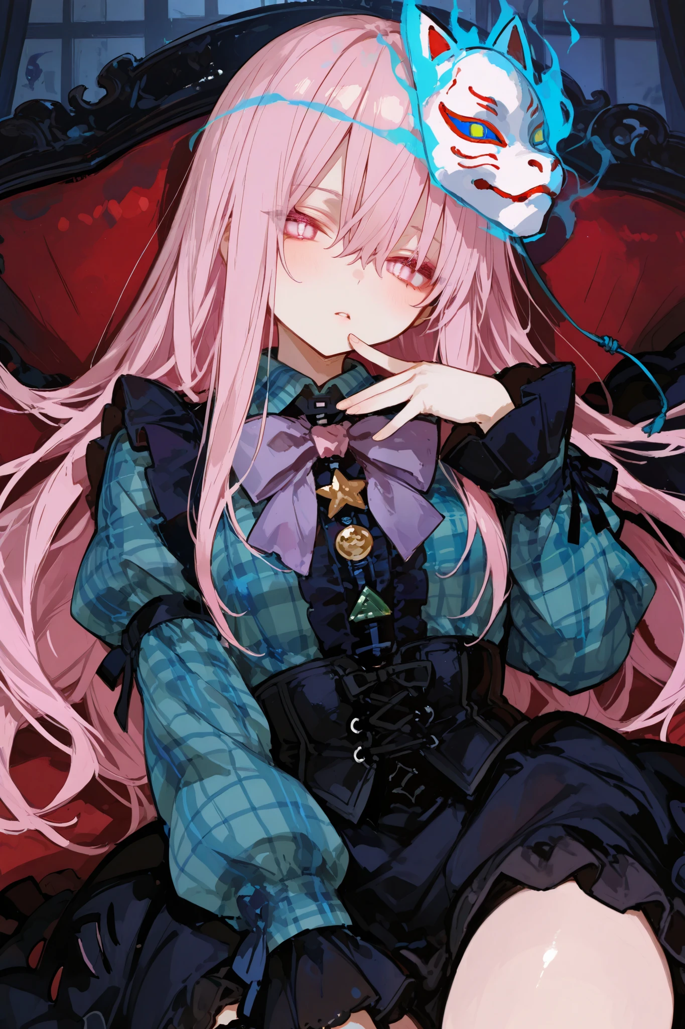 ,748cmstyle,trk,dark gothic,General,1girl\(hata no kokoro\),(dynamic pose:0.25) , 748cmstyle,masterpiece, best quality, 8k, highres, ultra-detailed,HDR, UHD, professional, vivid colors