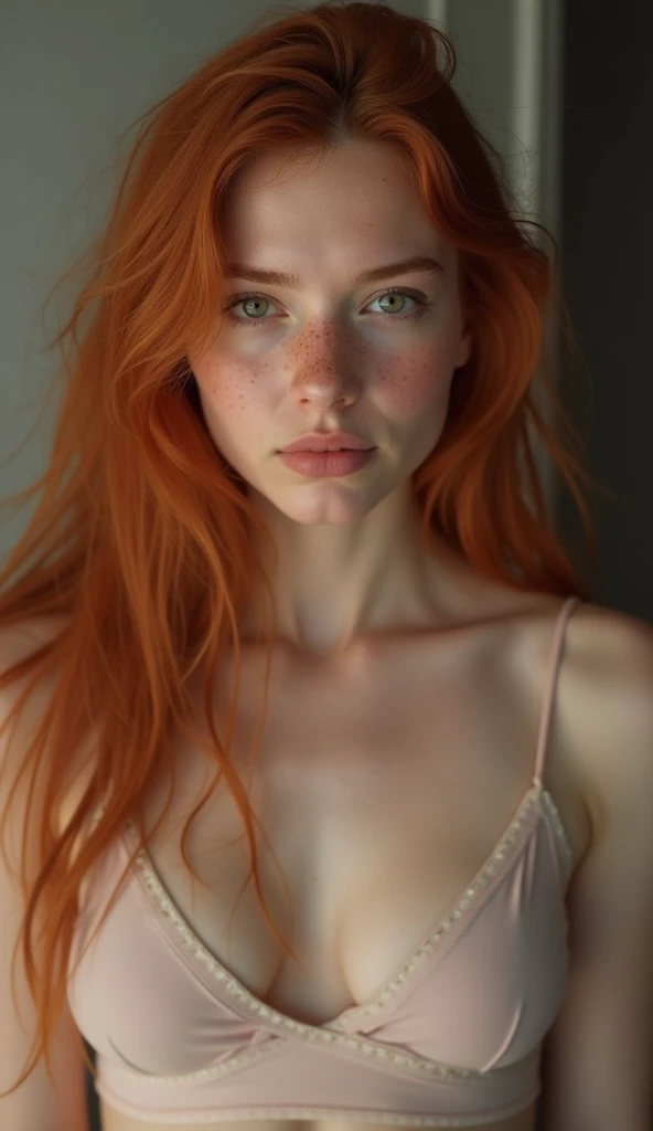 young russian , Red hair, fine nose, chin up, without underwear