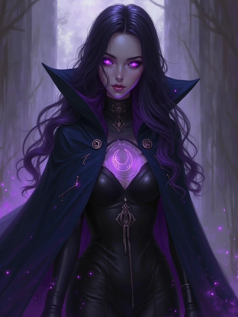 Fazer imagem de uma personagem tiefling feiticeira de d&d, purple skin, with a scar on her face, longye hair, purples eyes, macabre aureate and a silver necklace with a small faint pink pearl inside it