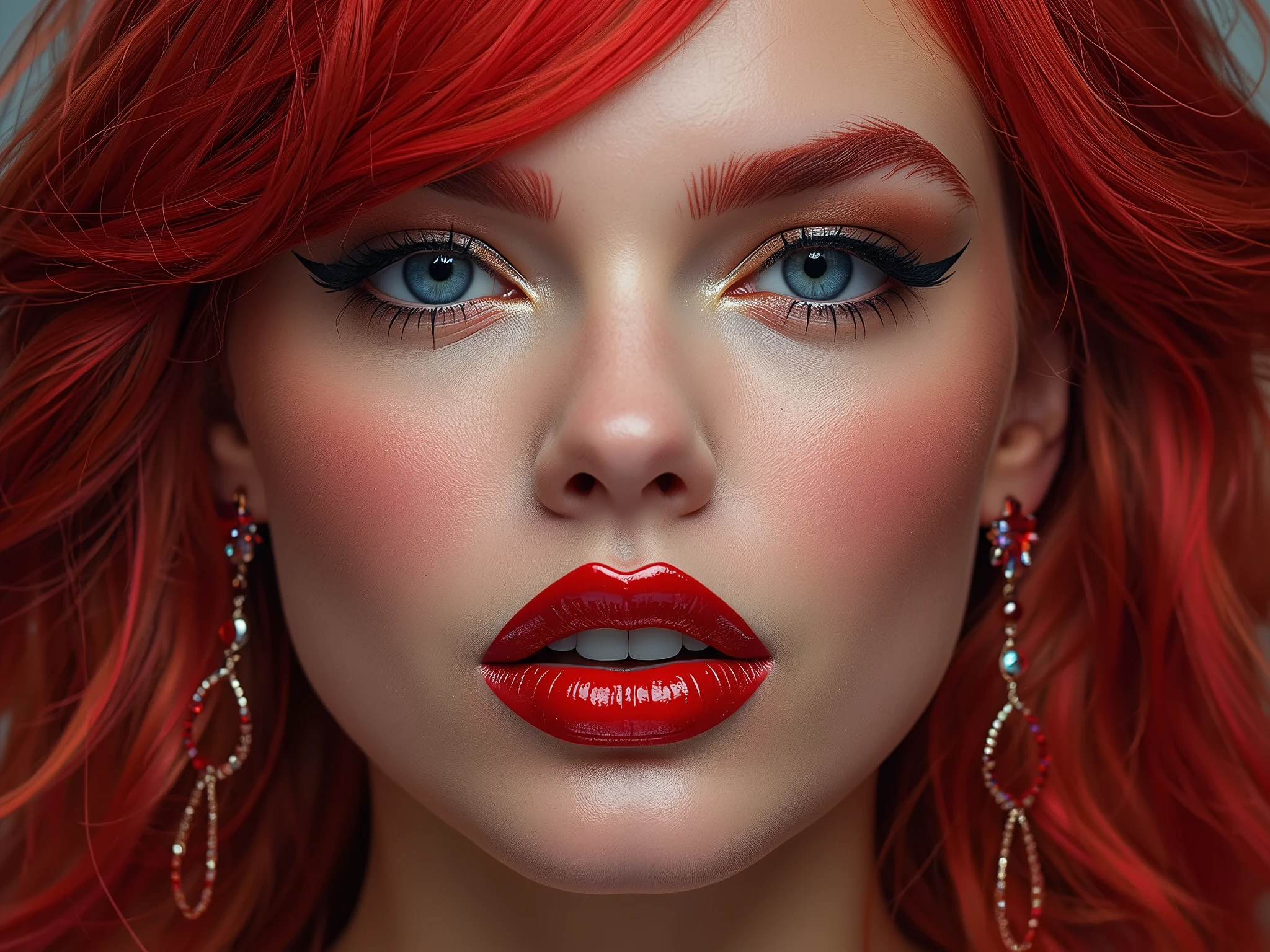 extreme close up portrait of face, elegant red hair, extremely shiny deep red lip gloss, eyeliner flicks, latex