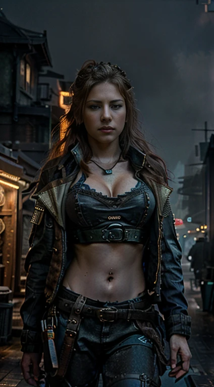 medium shot photo of a mix of (steampunk:0.8) and (cyberpunk:0.5) detective kathwin with long hair wearing low rise pants crop top and jacket, nice cleavage, intricate steampunk+ city, evening, dark, atmospheric, mist, best quality masterpiece, photorealistic, detailed, 8k, HDR, shallow depth of field, broad light, high contrast, backlighting, bloom, light sparkles, chromatic aberration, sharp focus, RAW color photo,<lora:epiNoiseoffset_v2:1>