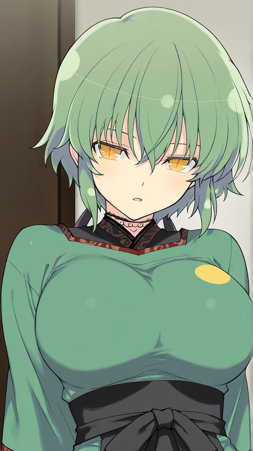 Fubuki, wearing default outfit, default hair, green hair, farting, fart, yellow smoke, climax, open mouth, relieved 