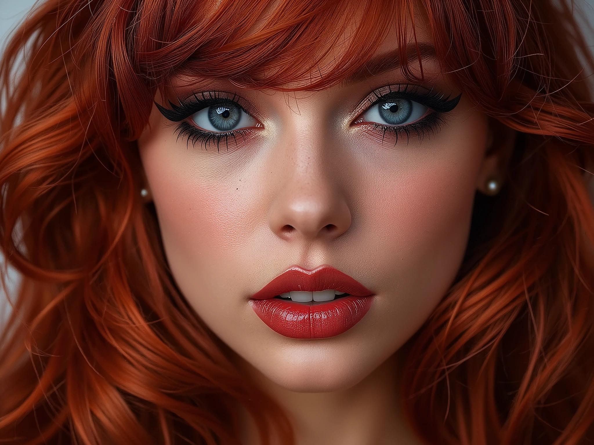 extreme close up portrait of face, elegant red hair, extremely shiny deep red lip gloss, eyeliner flicks, latex
