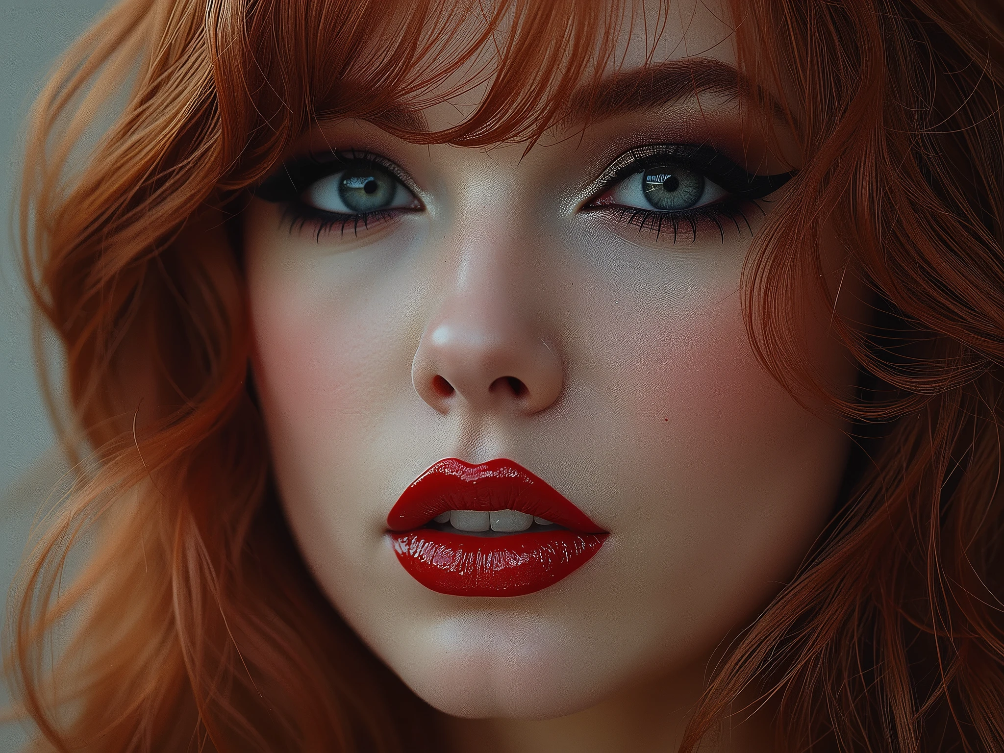 extreme close up portrait of face, elegant red hair, extremely shiny deep red lip gloss, eyeliner flicks, latex