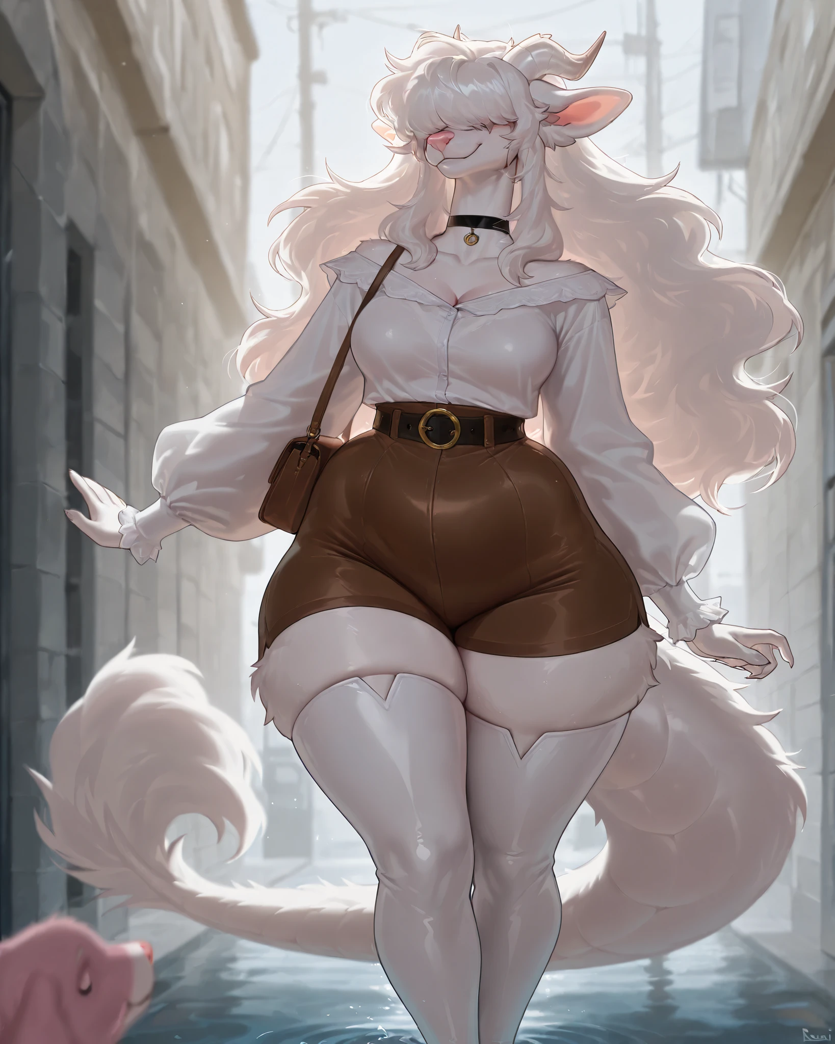 best quality, masterpiece \(quality\), L0LSPL4SH, year2024, year2023, West Studio, sixmorevodka, 1girl, by Riolutiny, solo, anthro dragon, dragon dog, white fur, fluffy dragon, white dragon tail, medium breasts, (wide hips), ((chubby)), thick thighs, curvaceous, water, brown shorts, thigh boots, belts, white shirt, sleeves, choker, satchel bag, ((round ears)), fluffy hair, ((pink dog nose)), white long hair, (light brown dragon horns), lowered ears, hair over eyes, long neck:1.5, tall dommy mommy, (playful, posing), albino (fluffy), pink nose, happy, L0LSPL4SH, blurry foreground, blurry background, IllusP0s, hyperhandles
