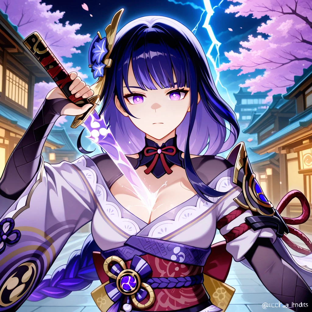 (Best quality,A high resolution),Raiden Shogun from Genshin,look,anime style,Beautiful eyes,beautiful lips,long braided purple hair,attentive cute look,electricity lightning background,katana sword,stylish,sharp focus,Bright colors
