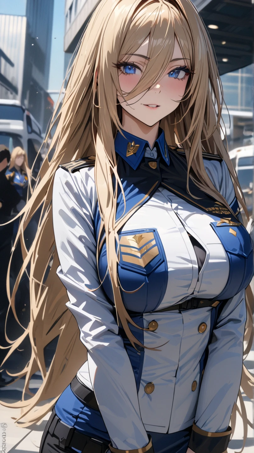 (((Skin exposed through uniform)))、Nipples protruding from the bra、panties on、((((feel shy))))、((a blond))、beautiful Girl、Large beautiful breasts、cleavage of the breast、A slender、オマンコ、(((((make sexual advances)))))、((Inside the bustling city))、((smil))