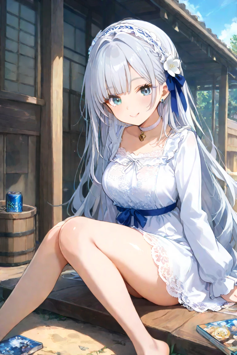 masterpiece, best quality, 1 girl, <lora:mylene_rafa_holfort:0.8>, mylene_rafa_holfort, sliver hair, long hair, blue hairband, hair_behind_ear, blue eyes, white long_dress, pendant, boot,