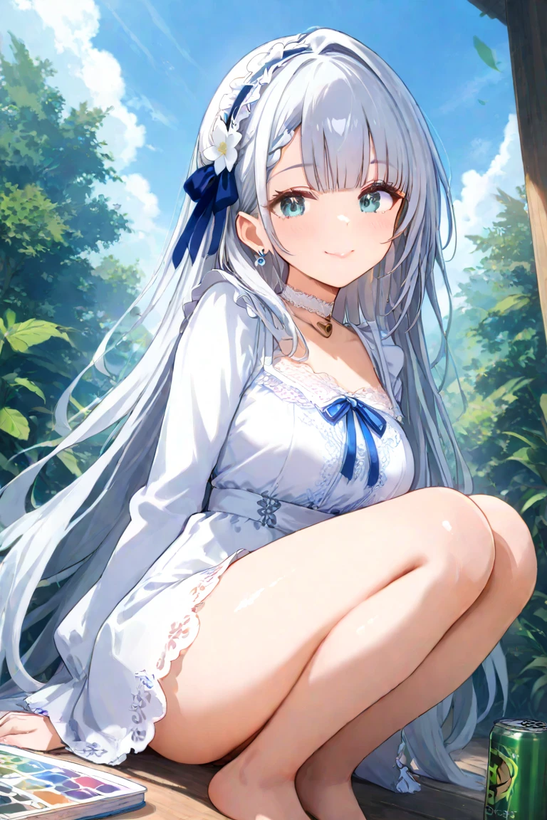 beautiful girl, naked,Cat ear,Long white hair,Light blue eyes,cute, young, small limbs, short fingers, Big Breasts, smile, Red cheeks,Big ribbon, Thin and light clothing, dress, Sheer white lace tights, Thin, sheer white tights,Smooth Skin,lift the perineum,Her cleavage is protruding ,(Spread your legs),(The hand details are perfect too.),(Wet),Squat,Wet,Sweat,tears,I'm leaking,Saliva