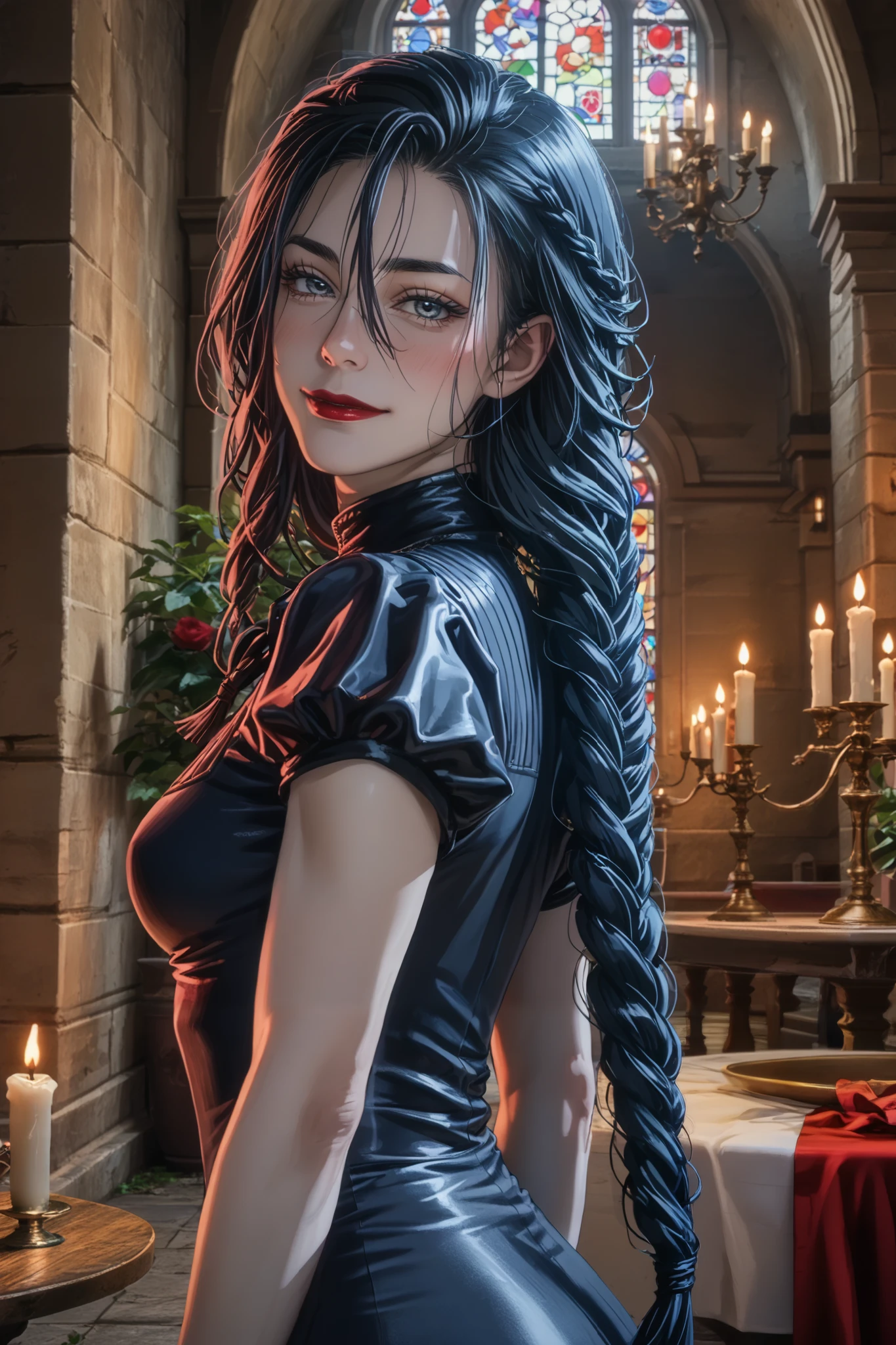 skini girl, red t-shirt , (((((pale skin)))))), blue eyes, white girl, deep black hair, ultra realistic, 16 years old, large breast, (((huge breast))), ponytail hair, candle lights,