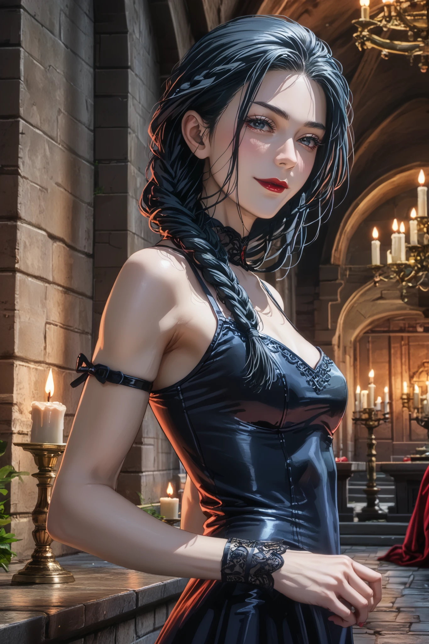 ( best quality:1.3), ( man with 4k quality ),( sharp image ), MeiMei, (( detailed face taster)), (( Masterpiece face)),(( perfect and detailed eyes )) (Blush), MeiMei, ((( black hair, long braided hair ))), light gray eyes, (focus on the eyes:1.5), ( red lips), (red lipstick), cunning face, face with severe features , (( detailed face taster)), perfect face, highly detailed eyes, Masterpiece, absurdities , ( intricate details), ( colored bus), cinematic lighting , extremely detailed 8k background image made in Unity , 1 , alone, mature woman, (( perfect small breasts )),(( perfect erect breasts))(( fit slim figure )),erect breasts, Shaped body, tight black dress , ((Medieval castle corridor, Candle Light)), (((evil face))), fit slim figure , standing up and showing off her sexy ass , (((from behind)))