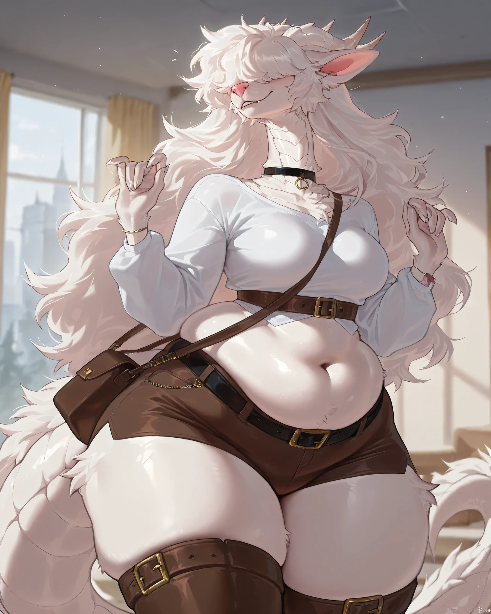 score_9, score_8_up, score_7_up, score_6_up, score_5_up, score_4_up, (solo), female anthro cow, wearing cute fall clothes, jacket, sweater, short pencil skirt, garter belt thigh boots , lusty, fluffy body, long blond hair, turquoise eyes, sitting, (thick thighs:1.5) (she is sitting) garter belt tights, big breasts, from the back, backsite, from back