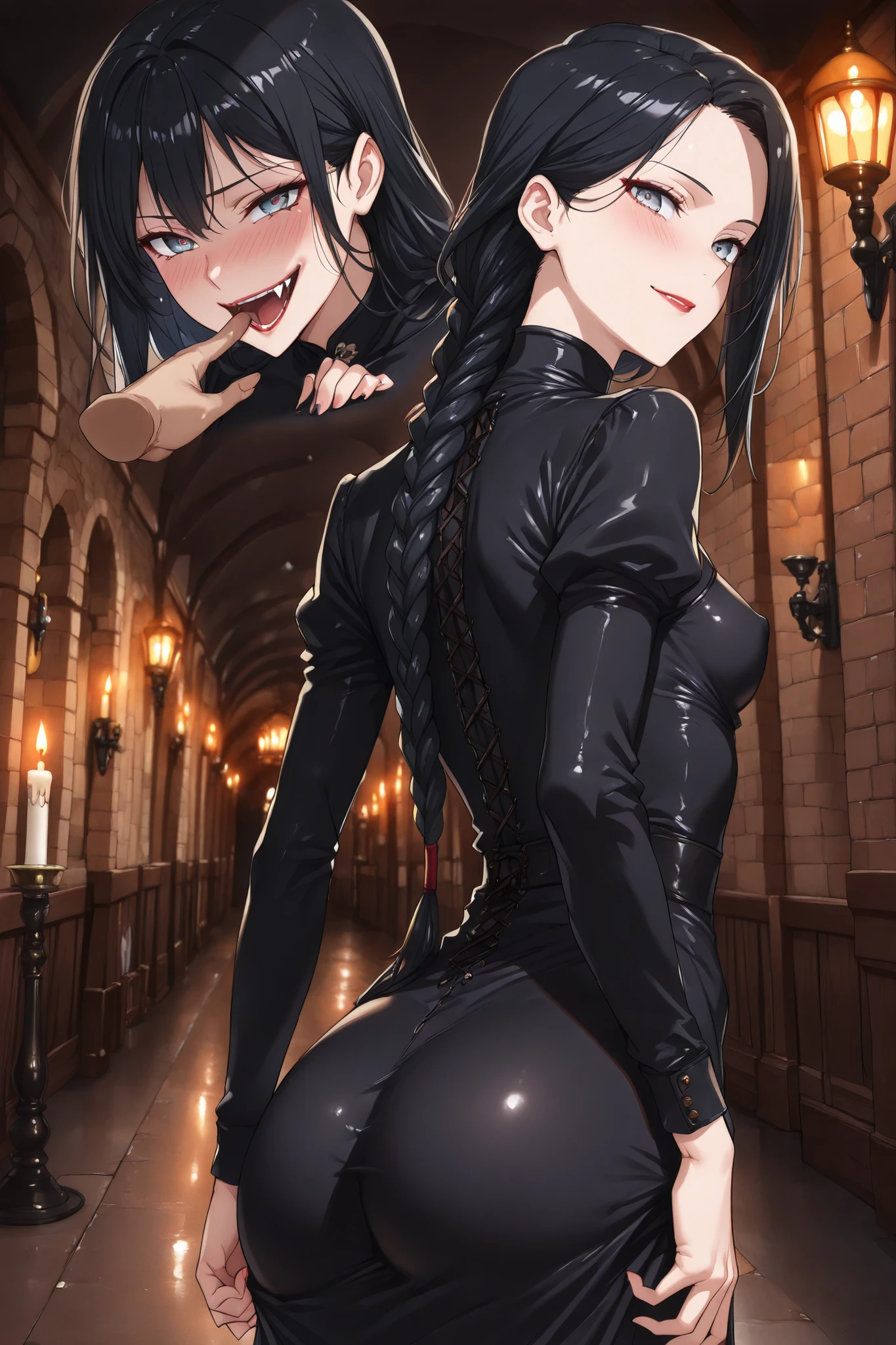 ( best quality:1.3), ( man with 4k quality ),( sharp image ), MeiMei, (( detailed face taster)), (( Masterpiece face)),(( perfect and detailed eyes )) (Blush), MeiMei, ((( black hair, long braided hair ))), light gray eyes, (focus on the eyes:1.5), ( red lips), (red lipstick), cunning face, face with severe features , (( detailed face taster)), perfect face, highly detailed eyes, Masterpiece, absurdities , ( intricate details), ( colored bus), cinematic lighting , extremely detailed 8k background image made in Unity , 1 , alone, mature woman, (( perfect small breasts )),(( perfect erect breasts))(( fit slim figure )),erect breasts, Shaped body, tight black dress , ((Medieval castle corridor, Candle Light)), (((evil face))), fit slim figure , standing up and showing off her sexy ass , (((from behind)))