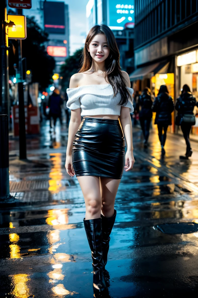 Tabletop, Highest quality, Ultra-high resolution,(Realistic:1.4) (Written boundary depth),(Lens Glow) ,1, white Jacket、White half-nasi:1.4, People in the background、night city, Japanese people women:1.3、short hair, A shy smile、mouth half open、Overchange、Tight black leather Skirt:1.5、Sexy thighs:1.5、Healthy body shape、Beautiful bare legs、Rough skin、Full Body Shot、Cleavage、、Fair skin、Multiple moles、Sensational panties:1.5、blush:1.5、Shooting from below、little fat, short height