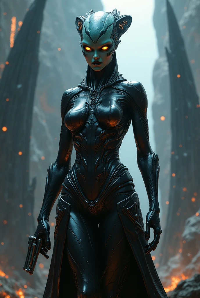 Cartoon photo of a woman in a jet black costume、Hot insect humanoid female、a person々takeout、Guyver Style、SFW version、Scarabeleploid、tail、Cel Shade Adult Animation、Alien Queen、