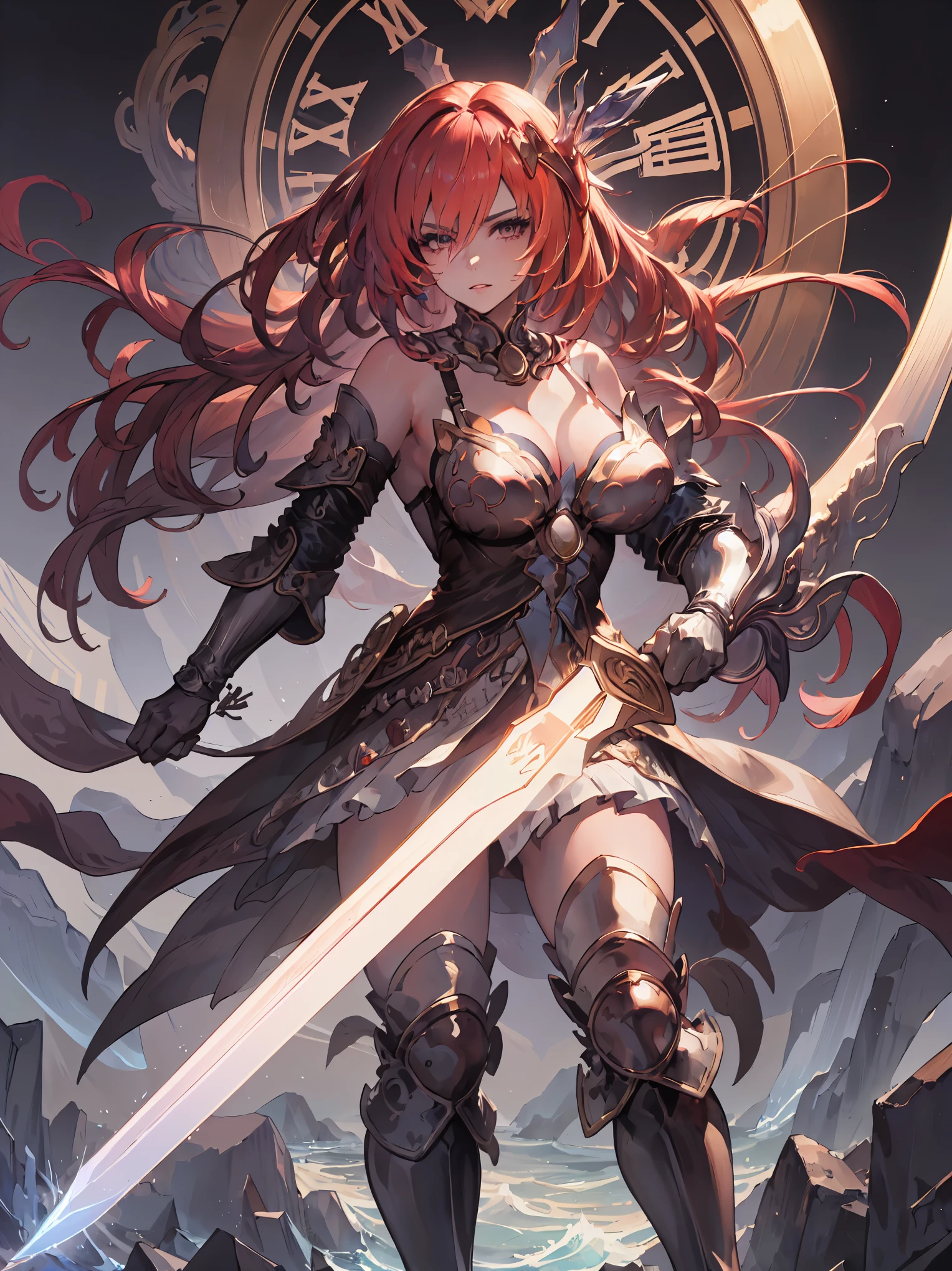 ((Finest quality)),(超A high resolution),(ultra-detailliert),((Best Anime)),sharpnes,clear,Fantasy art with astounding depictions,Colorful light emitted:1.5,Dynamic poses:1.1,explosive, (Female Generals),(Broadsword with a blade of flame:1.3),Slim body,thighs thighs thighs thighs