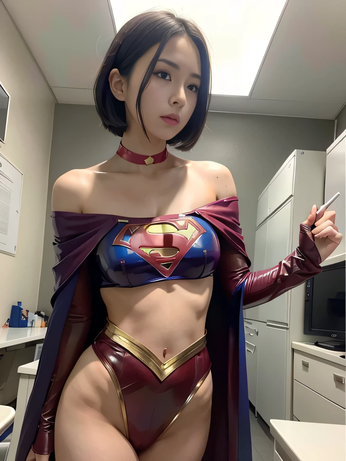 super girl&#39;very , masterpiece, highest quality, abstract, psychedelic, neon, (honeycomb pattern), (creative:1.3), fantasy 00d、 black hair、bob cut with trimmed ends、flat chest、Thin crotch、lolicon、stand on the sidewalk、Glistening crotch、belly button、High-leg style、red cloak、pointed nipples、smile、&#39;face