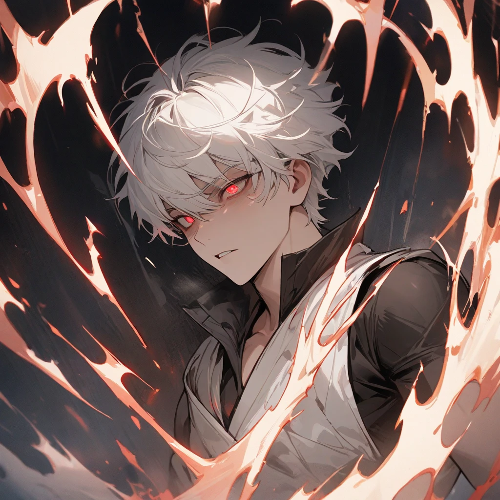 A white haired man with a black cloak looking far into the past, Trees on fire. villagers running screaming and dying. All but a dark boy right in front of him with his back turned admiring the flames being shown before them