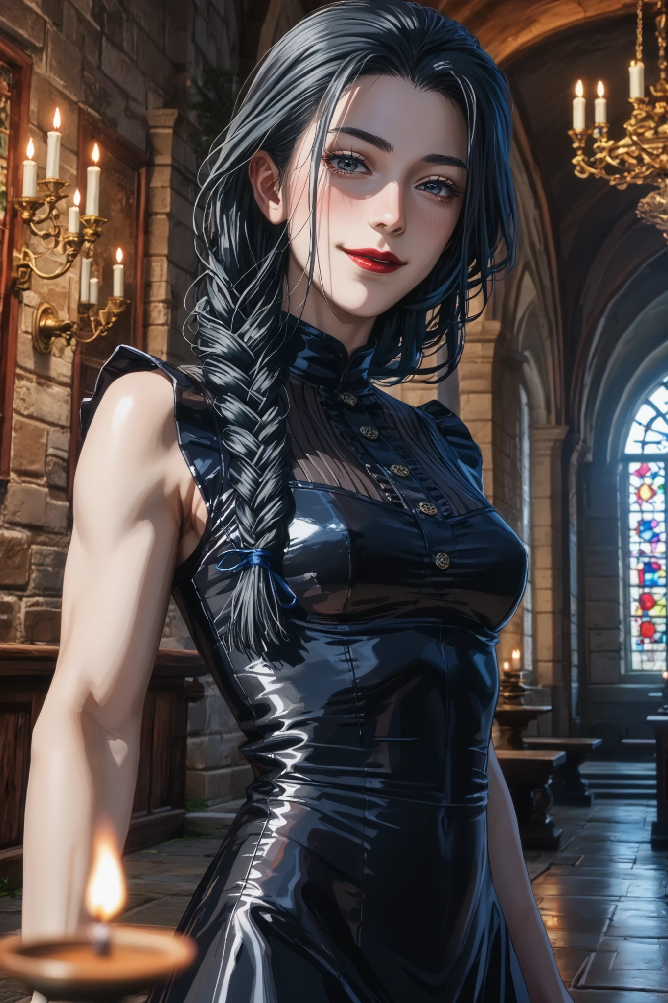 ( best quality:1.3), ( man with 4k quality ),( sharp image ), MeiMei, (( detailed face taster)), (( Masterpiece face)),(( perfect and detailed eyes )) (Blush), MeiMei, ((( black hair, long braided hair ))), light gray eyes, (focus on the eyes:1.5), ( red lips), (red lipstick), cunning face, face with severe features , (( detailed face taster)), perfect face, highly detailed eyes, Masterpiece, absurdities , ( intricate details), ( colored bus), cinematic lighting , extremely detailed 8k background image made in Unity , 1 , alone, mature woman, (( perfect small breasts )),(( perfect erect breasts))(( fit slim figure )),erect breasts, Shaped body, tight black dress , ((Medieval castle corridor, Candle Light)), (((evil face))), fit slim figure , standing up and showing off her sexy ass , (((from behind)))