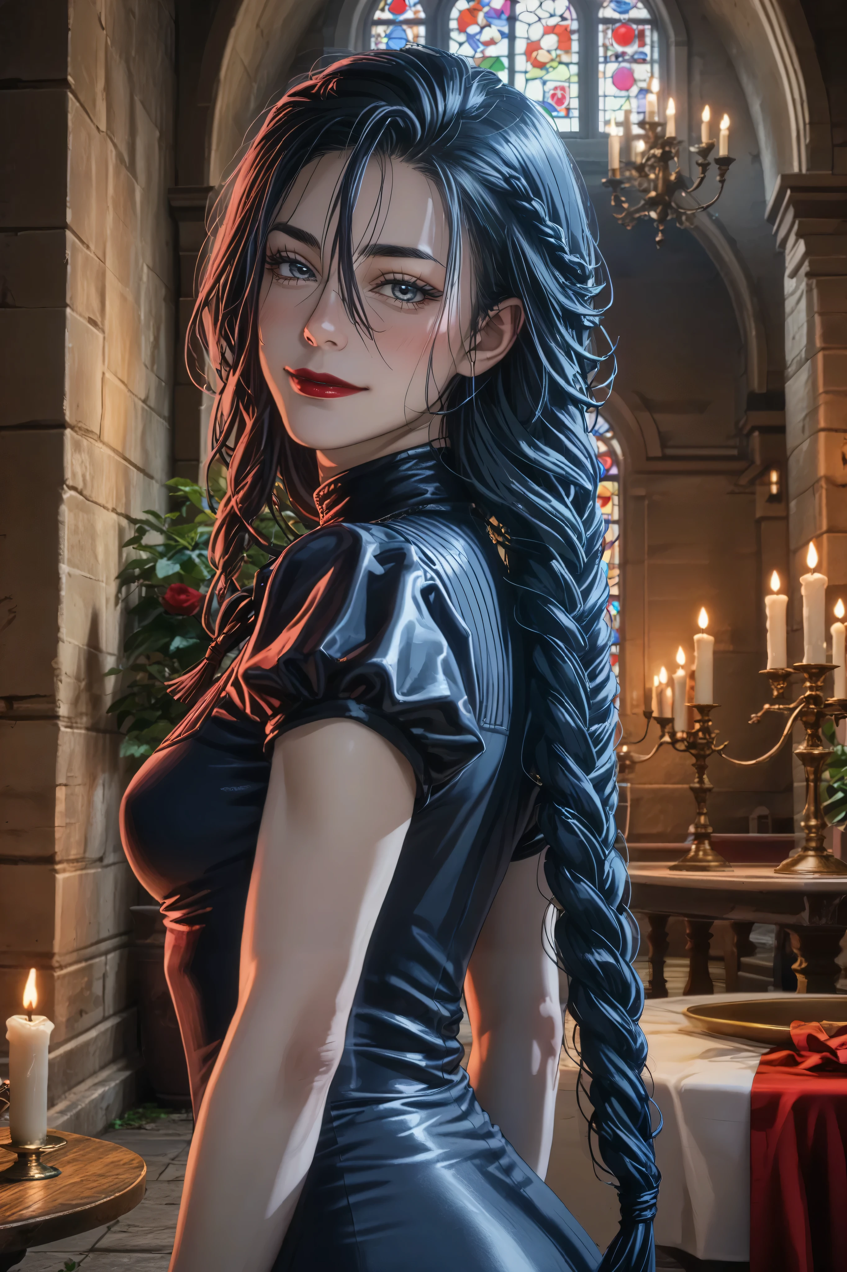 ( best quality:1.3), ( man with 4k quality ),( sharp image ), MeiMei, (( detailed face taster)), (( Masterpiece face)),(( perfect and detailed eyes )) (Blush), MeiMei, ((( black hair, long braided hair ))), light gray eyes, (focus on the eyes:1.5), ( red lips), (red lipstick), cunning face, face with severe features , (( detailed face taster)), perfect face, highly detailed eyes, Masterpiece, absurdities , ( intricate details), ( colored bus), cinematic lighting , extremely detailed 8k background image made in Unity , 1 , alone, mature woman, (( perfect small breasts )),(( perfect erect breasts))(( fit slim figure )),erect breasts, Shaped body, tight black dress , ((Medieval castle corridor, Candle Light)), (((evil face))), fit slim figure , standing up and showing off her sexy ass , (((from behind)))