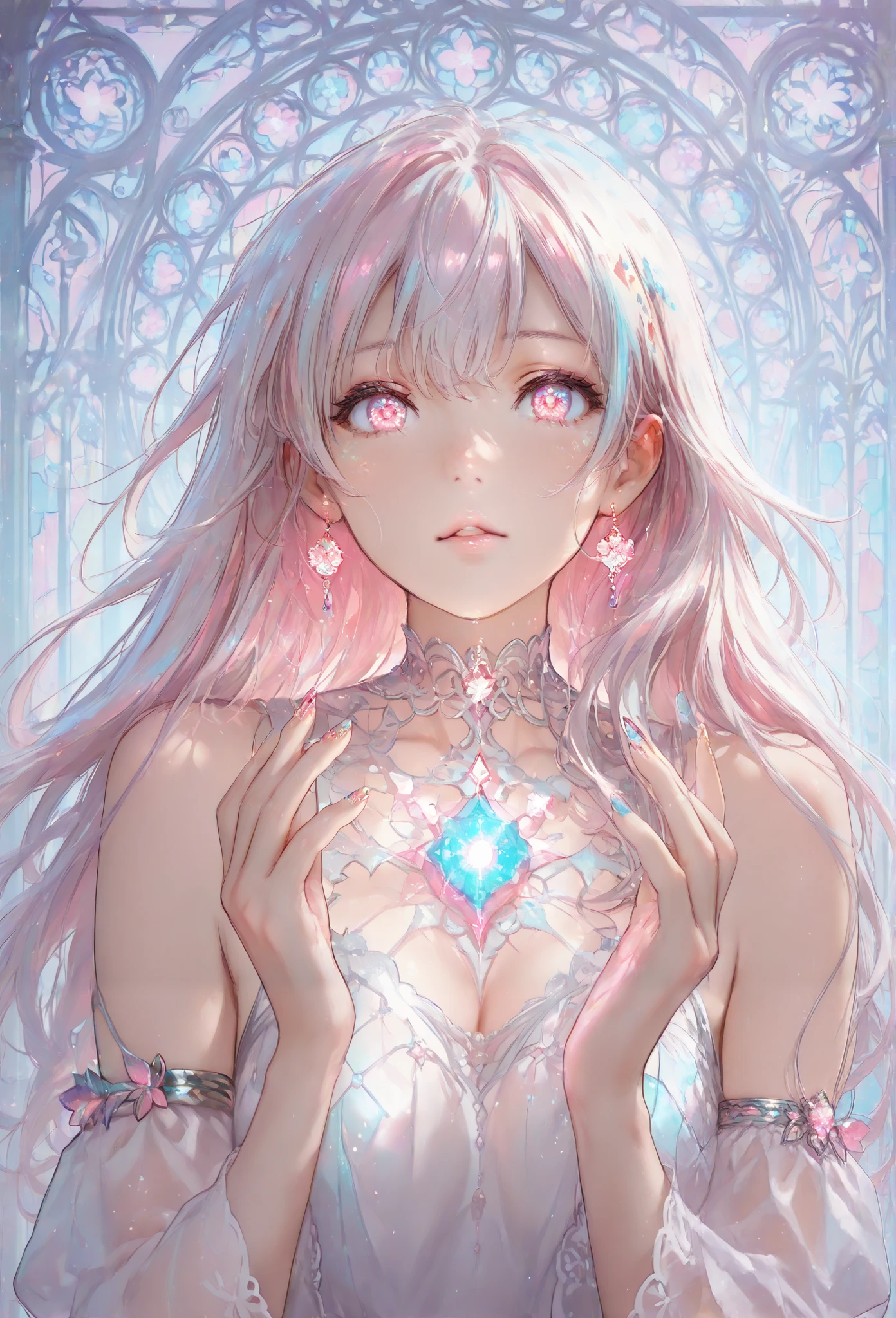 masterpiece, best quality, illustration, flashy pink, platinum earrings, platinum necklace, white dress, 1girl, cute, (dynamic lighting:1.2), cinematic lighting, delicate facial features, detailed eyes, sharp pupils, realistic pupils, depth of field, bokeh, sharp focus, (hyper-detailed, bloom, glow:1.4), many small gems