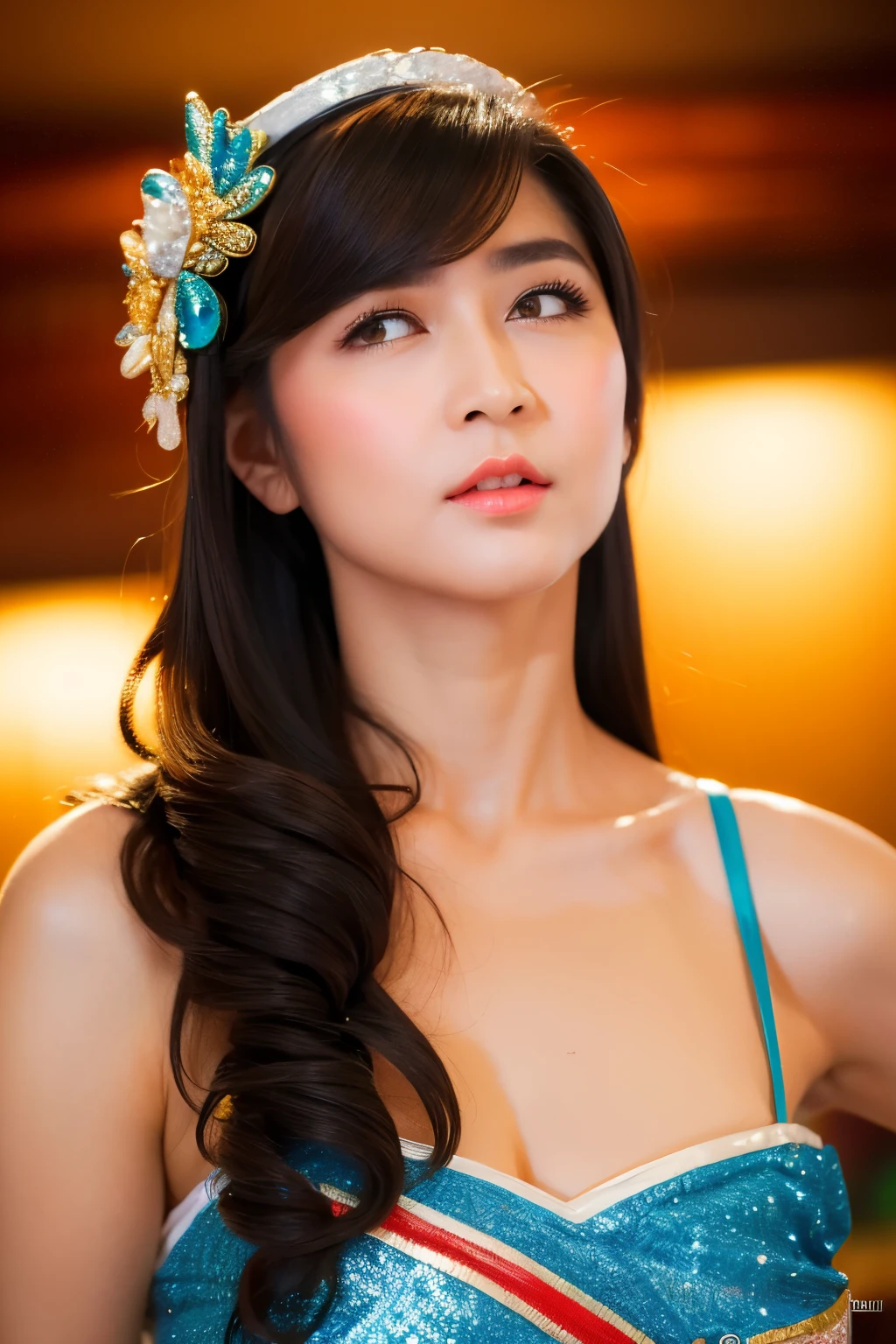 exquisite jewelry and accessories, ornate and intricate patterned textiles, dazzling crown and royal attire, bikini almost fell out, chubby face, looking at camera, front view, black hair, long hair, bangs, (detailed face), at livingroom, tempting pose, potrait body, mouth closed, black eyes, 1 girl, 20yo,Young female,Beautiful Finger,Beautiful long legs, beautiful hips, Beautiful body, Beautiful Nose,Beautiful character design, perfect eyes, perfect face,expressive eyes,perfect balance, (looking at viewer), official art,extremely detailed CG unity 8k wallpaper, perfect lighting,Colorful, White skin, (masterpiece:1.0),(best_quality:1.0), ultra high res,4K,ultra-detailed, photography, 8K, HDR, highres, absurdres:1.2, Kodak portra 400, film grain, (vibrant_color:1.2),professional photograph, (Beautiful,medium_Breasts:1.4), (beautiful_face:1.5),(narrow_waist)