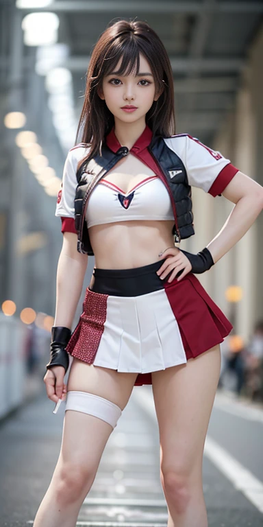 (8K, Raw photo, Best Quality, masutepiece:1.2), (Realistic, Photorealsitic:1.37), 超A high resolution, 1girl in, 18 years old, (Idol:1.4), (famous actress :1.4), (beautifull detailed face:1), Bangs,  (Multicolor floating hair), Skin Dentation, Light makeup, (Beautiful big breasts:1.3), (gleaming skin:1.1), Shiny skin, long limbs, slim, hanging breasted:1.3, Narrow waist, medium hips, thin legs, slim thigh, Dynamic lighting, Sexually suggestive faces, Glossy texture, lip stick, V-shaped eyebrows, v-line jaw, Looking at Viewer, (Long hair:1.3), (Perfect face:1.4), ((heavy wind)), Flowing hair, audience, (Smile:1.3), blue-sky, (((Monte Carlo Street Circuit))), (((racing car))), (((Racing Bikes))), ((Promotion Girl:1.3)), ((Grid Girl:1)), Pink lip, Light makeup, (Detailed promotional costumes are intricately worn:1.10), lace-up boots, Short sleeves, cropped tops, ((Short jacket:1)), (Tube Top Bra:1), knee high, (((Nylon short sleeve jacket with many logos))), (Knee Length Glitter Nylon Pleated Skirt), ((Asymmetrical medium size nylon pleated skirt)), small ass,  ((Promotional wear with logo)), (((Red and White Glitter Promotional Wear))), Fingerless gloves, Navel View Style, A dark-haired, Brown hair, Red hair, Blue eyes, (sweat drop:1), (Dynamic Angle), Walking, bending forward, audience,