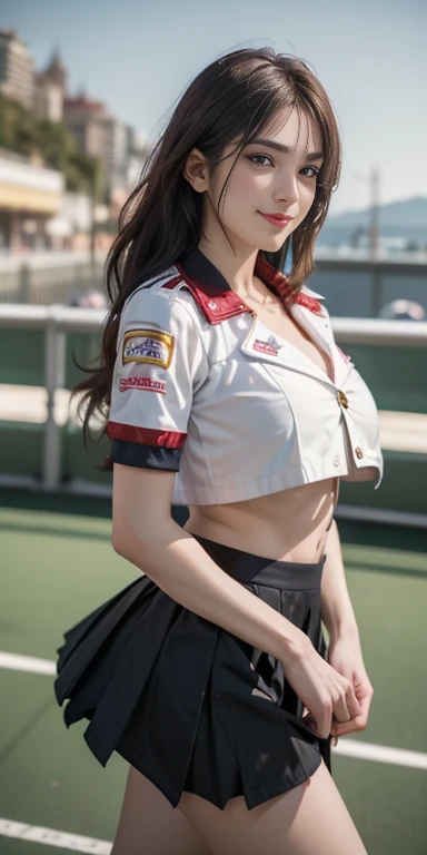 (8K, Raw photo, Best Quality, masutepiece:1.2), (Realistic, Photorealsitic:1.37), 超A high resolution, 1girl in, 18 years old, (Idol:1.4), (famous actress :1.4), (beautifull detailed face:1), Bangs,Laughing with white teeth、 (cleavage of the breast)、 (Multicolor floating hair), Skin Dentation, Light makeup, (Beautiful big breasts:1.3), (gleaming skin:1.1), Shiny skin, long limbs, slim, hanging breasted:1.3, Narrow waist, medium hips, thin legs, slim thigh, Dynamic lighting, Sexually suggestive faces, Glossy texture, lip stick, V-shaped eyebrows, v-line jaw, Looking at Viewer, (Long hair:1.3), (Perfect face:1.4), ((heavy wind)), Flowing hair, audience, (Smile:1.3), blue-sky, (((Monte Carlo Street Circuit))), (((racing car))), (((Racing Bikes))), ((Promotion Girl:1.3)), ((Grid Girl:1)), Pink lip, Light makeup, (Detailed promotional costumes are intricately worn:1.10), lace-up boots, Short sleeves, cropped tops, ((Short jacket:1)), (Tube Top Bra:1), knee high, (((Nylon short sleeve jacket with many logos))), (Knee Length Glitter Nylon Pleated Skirt), ((Asymmetrical medium size nylon pleated skirt)), small ass,  ((Promotional wear with logo)), (((Red and White Glitter Promotional Wear))), Fingerless gloves, Navel View Style, A dark-haired, Brown hair, Red hair, Blue eyes, (sweat drop:1), (Dynamic Angle), Walking, bending forward, audience,