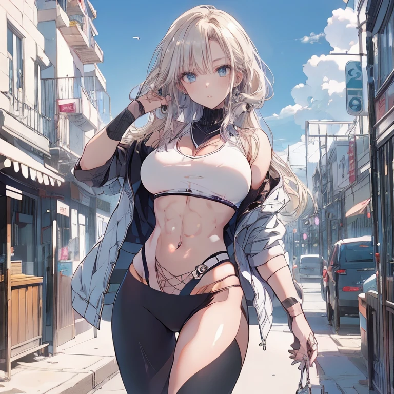 concept:magazinecover, Beautiful woman, quality:(最高quality, 8k, 4k, High resolution, masterpiece:1.2), Super detailed, (real, photorealistic:1.37), 高qualityのアートワーク, beautiful illustrations, illumination:Bright colors, Lens flare, The overall dramatic atmosphere of the scene, natural light, Subject information:alone, sexy woman, (round eyes), (small face), (high detail skin:1.2), long eyelashes, glossy lips, (blonde, wavy hair, symmetrical bangs, green eyes), perfect face, cute face, shiny skin, long eyelashes, (big breasts), (slender body:1.2), (riders jacket, short t-shirt), choker, Great body lines, Raise your arms and show your armpits, leather pants, (((I can see the underboob:1.4))), (cropped tops:1.2), Other details:(((PlayboyCoverQuiron style:1.2, playboy cover))), Along the main road, night:1.3, bright colors, bold typography, spray paint effect, スタジオillumination, 細部までこだわったrealな光と影, beautiful skin, shiny skin, perfect fingers, five fingers, anatomically correct, background bokeh, 135㎜, f/2.8, photo shoot,